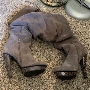 Grey suede knee high boots